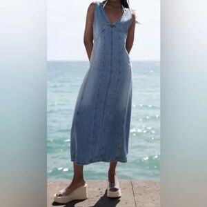 Zara TRF Denim Midi Dress V-neck